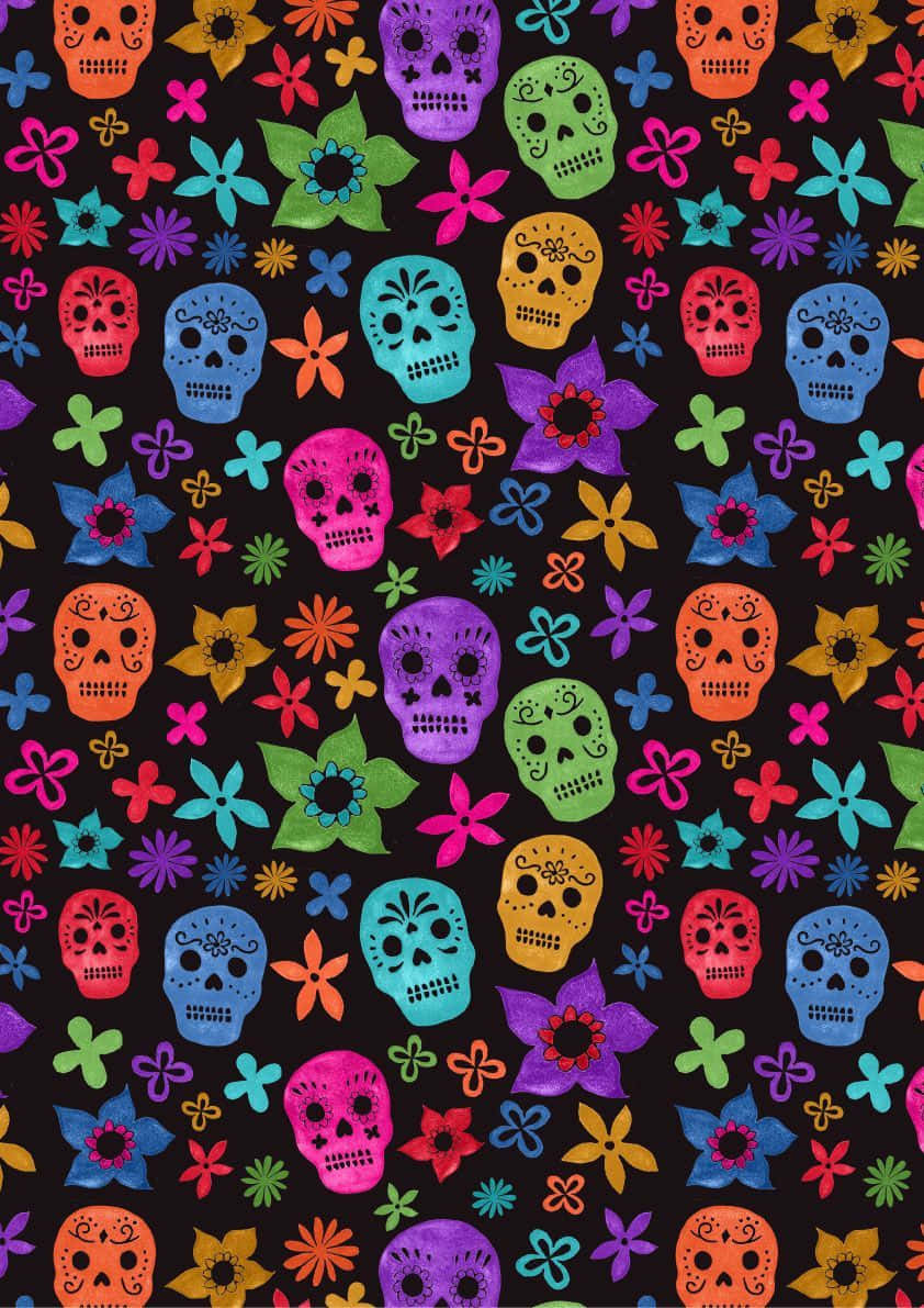 Colorful Sugar Skulls And Flowers On Black Background Background