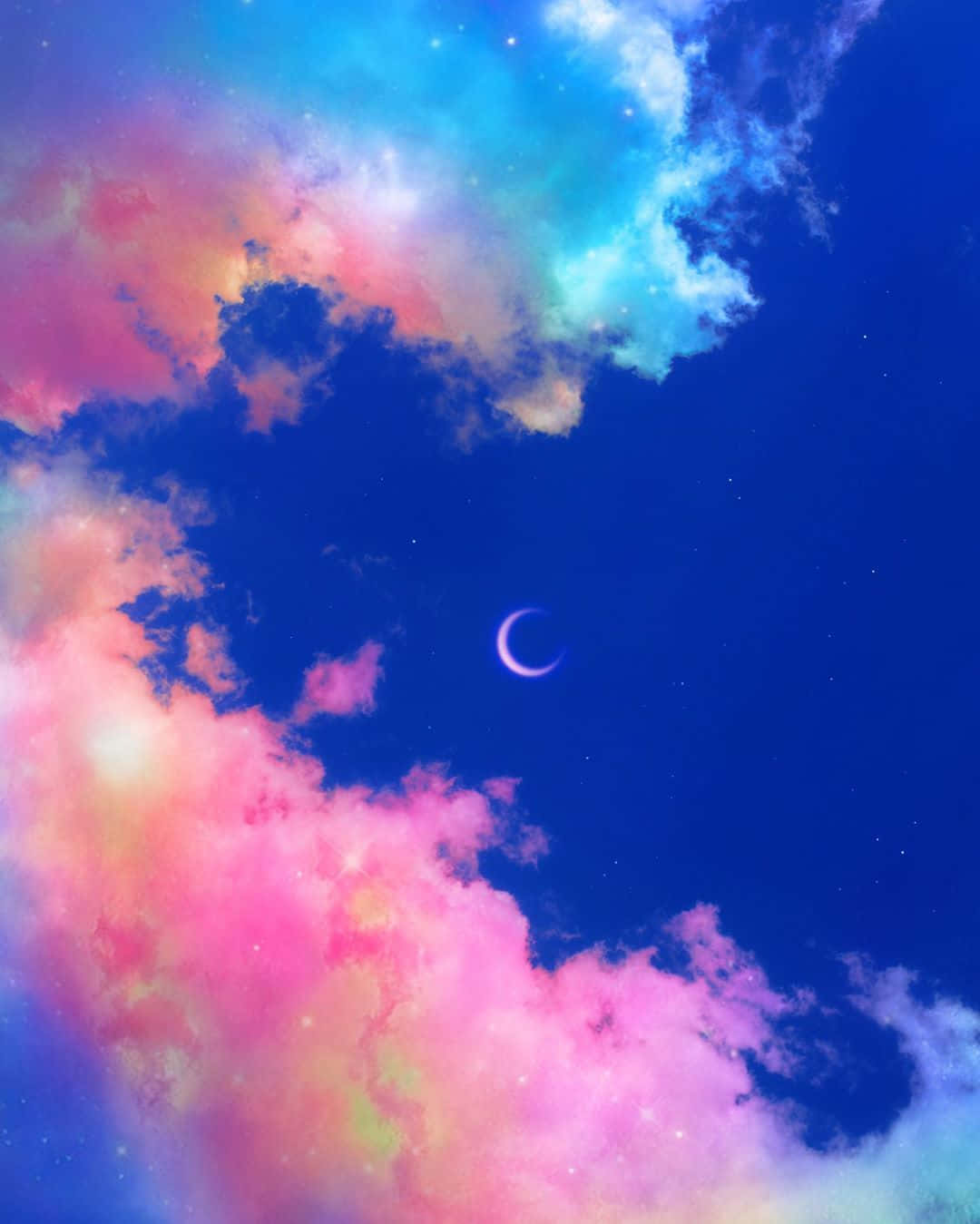 Colorful Trippy Aesthetic Cloud With Crescent Moon Background