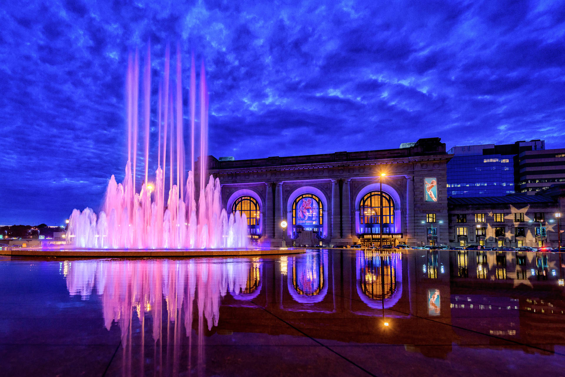 Colorful Union Station Fountain Night Background