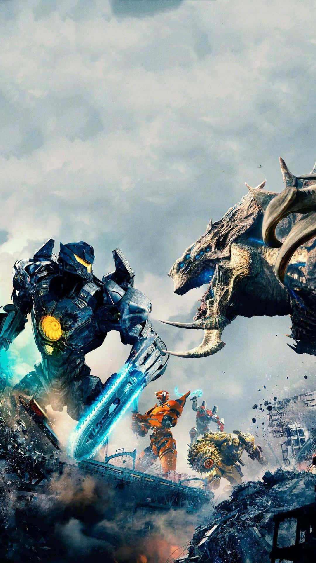 Colossal Kaiju Roaring Amidst Chaos Background