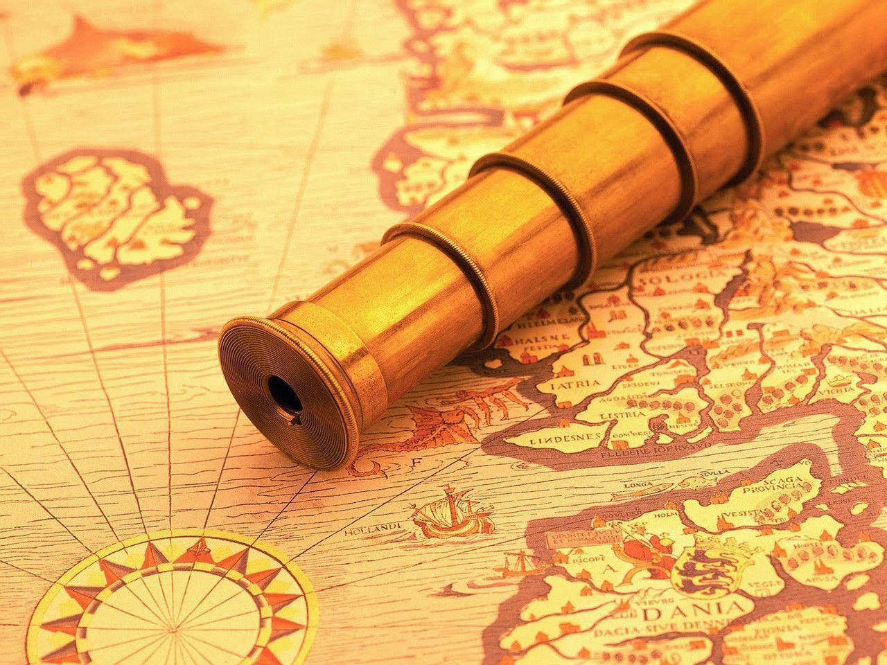 Columbus Day Gold Telescope And Map Background