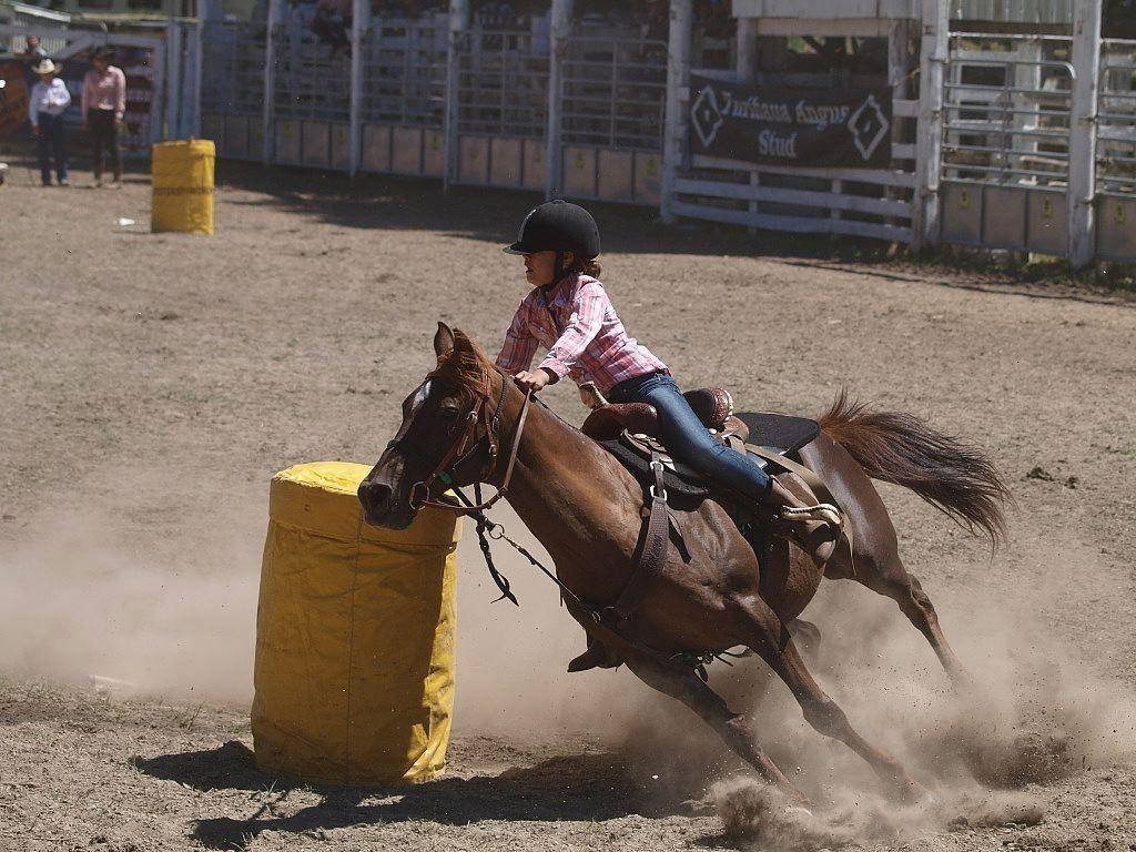 Competitive Barrel Racer Rounding A Barrel In An Arena Background