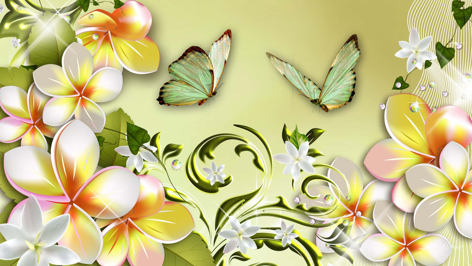 Computer Made Flowers And Butterflies Art Background