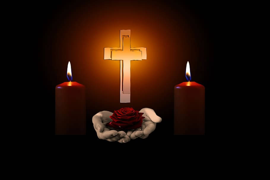 Condolence Candles Rose And Cross Background