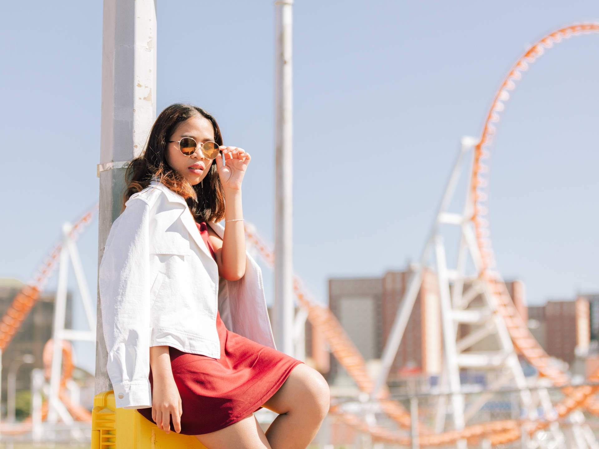 Coney Island Girl Red Dress Background