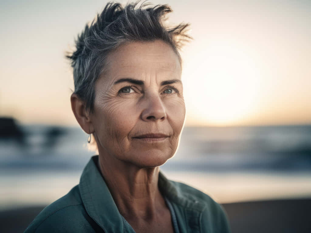 Confident Middle Aged Woman Beach Sunset Background