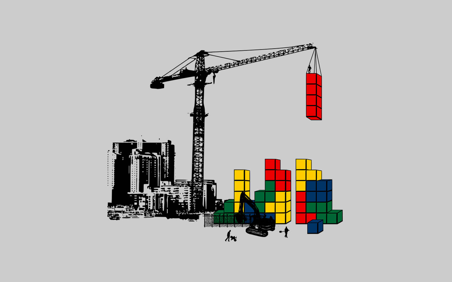 Construction Crane Building With Tetris Blocks