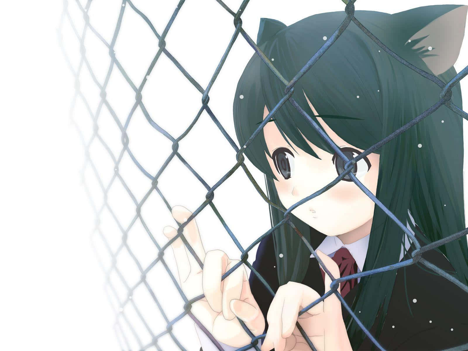 Contemplative Anime Cat Girl Behind Fence Background