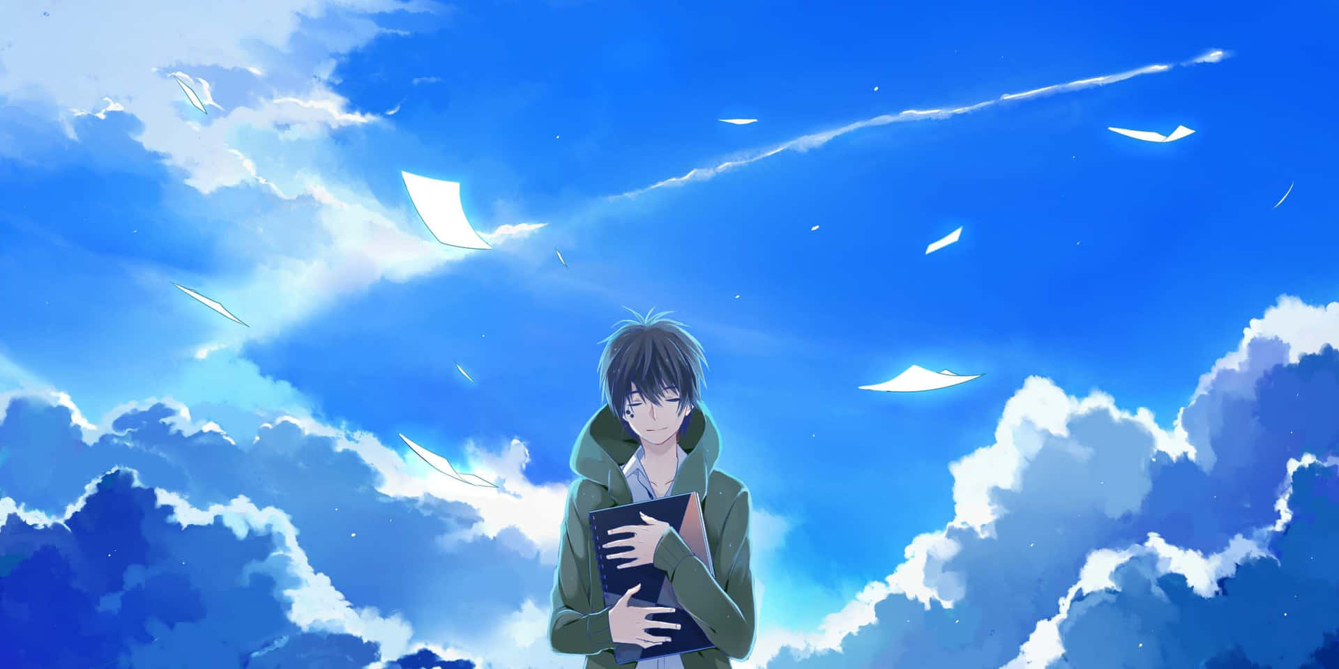 Contemplative Anime Character Under Blue Sky Background