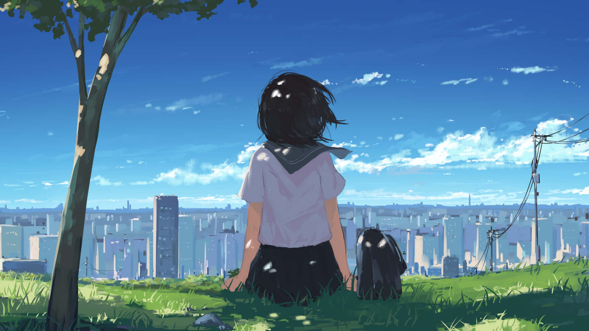 Contemplative Anime Girl Overlooking Cityscape Background