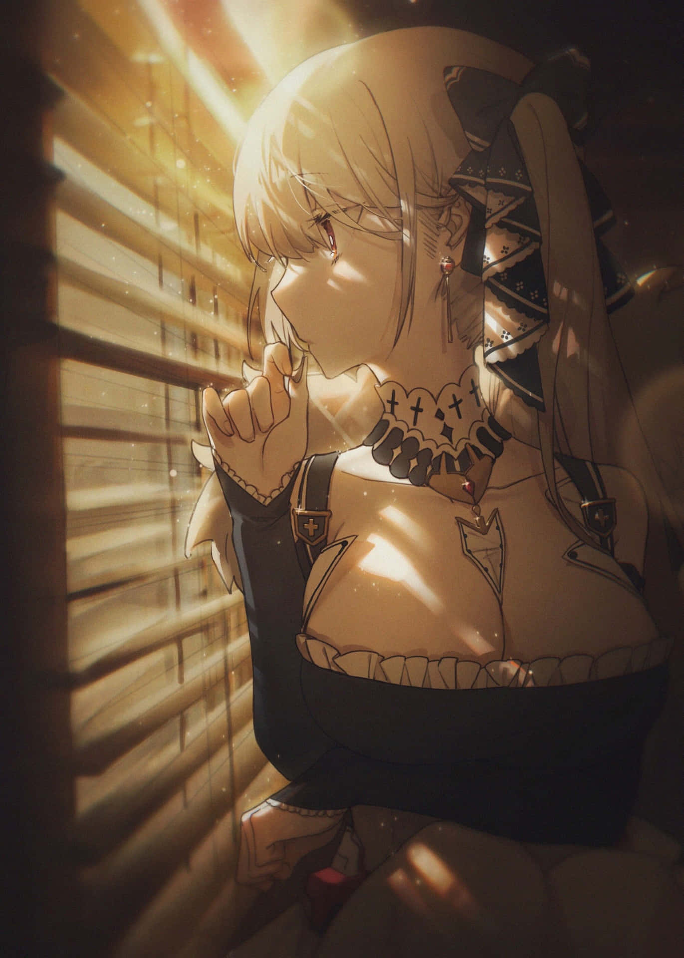 Contemplative Anime Girl Sunlight Blinds Background