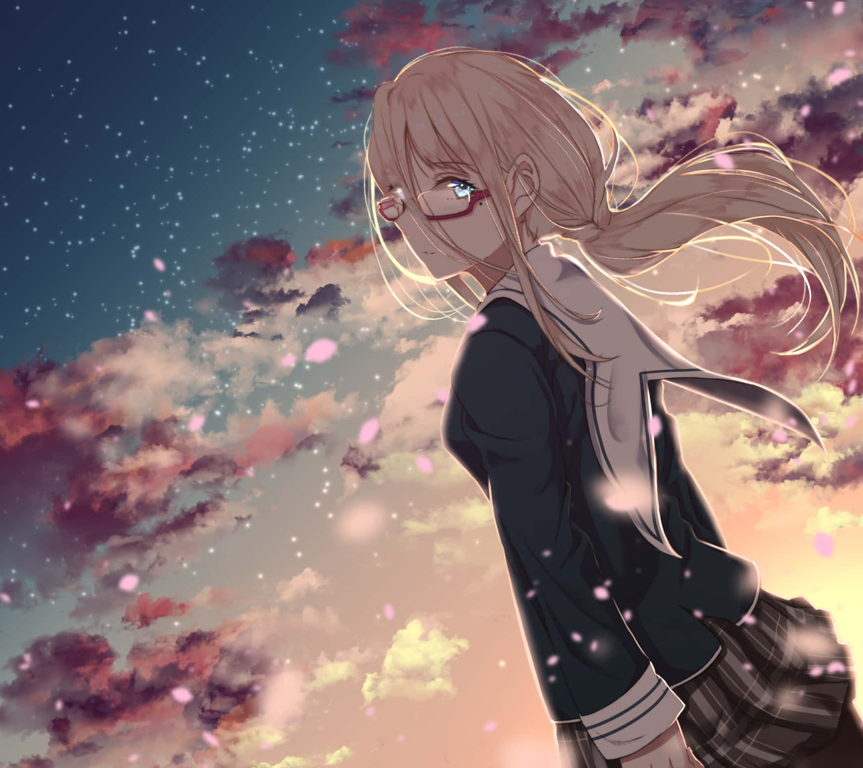 Contemplative Anime Girl Sunset Sky Background