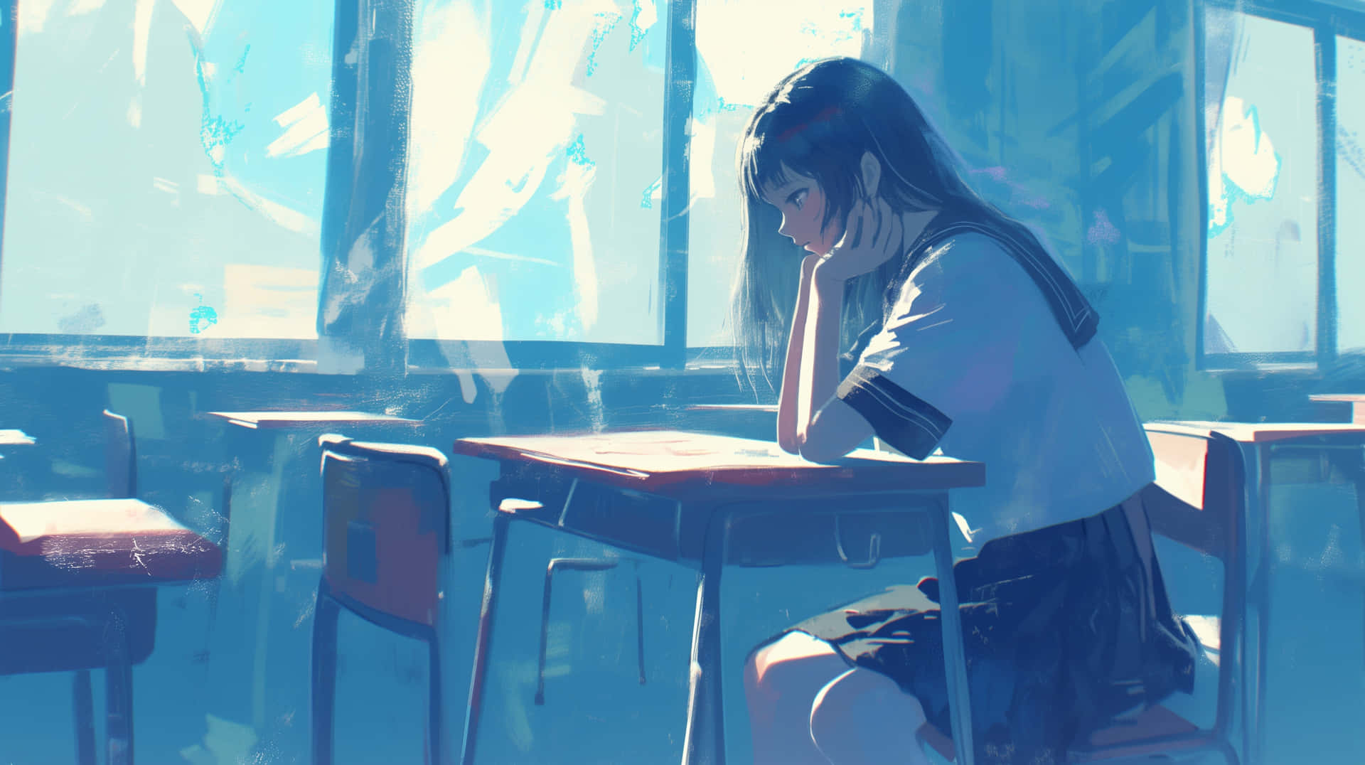 Contemplative Anime Girlin Classroom Background