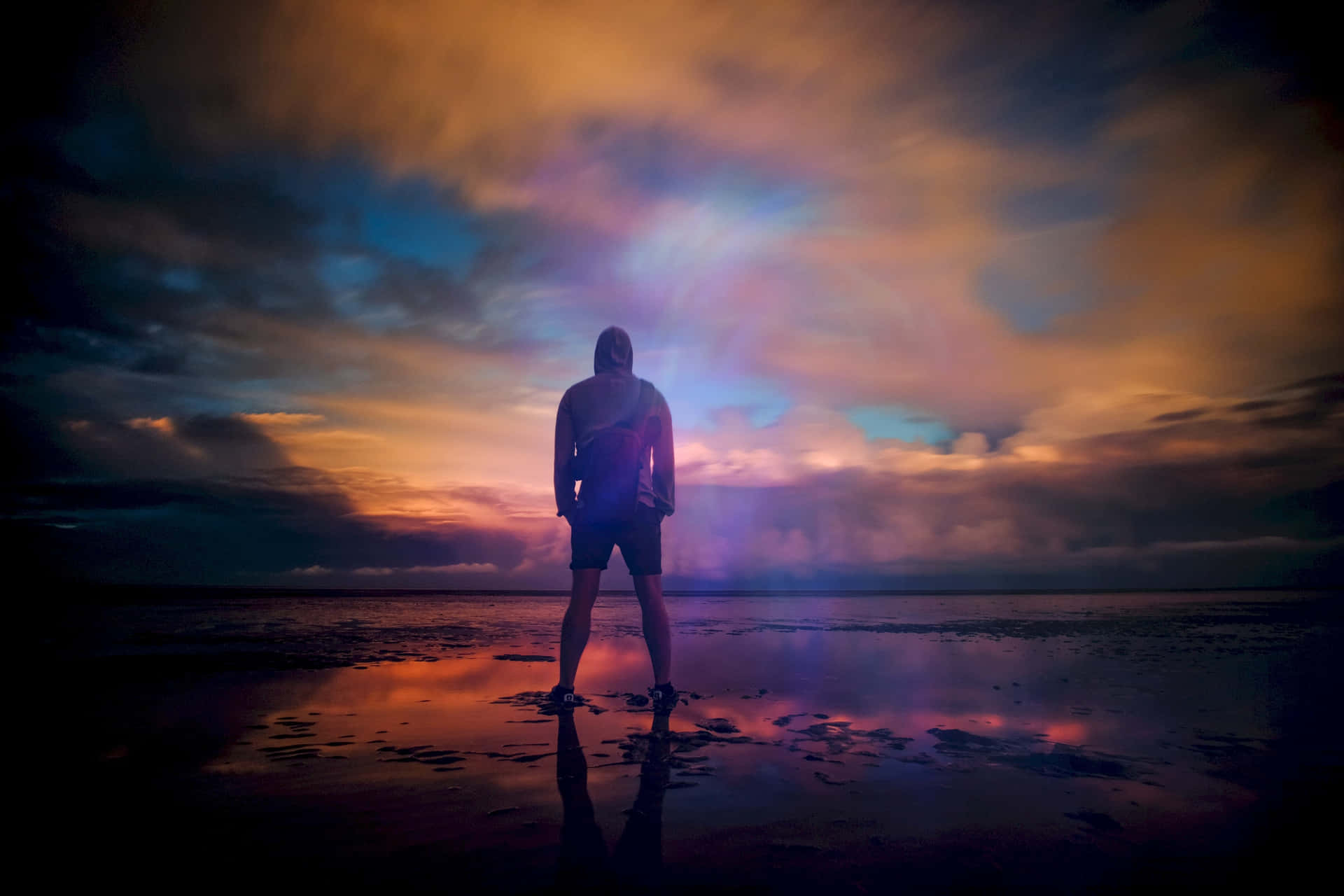 Contemplative Silhouette Sunset Background