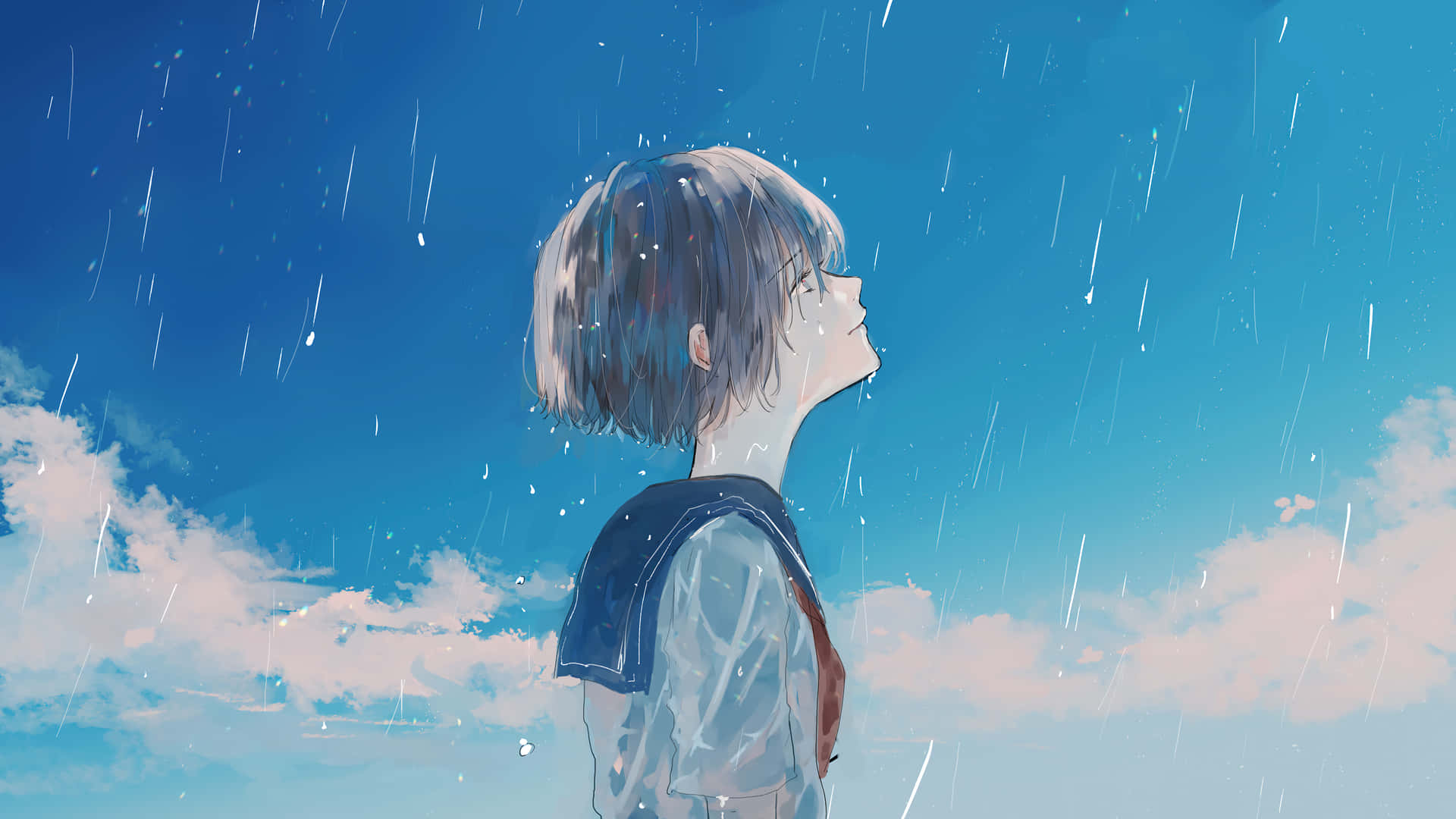 Contemplative Studentin Rain Background