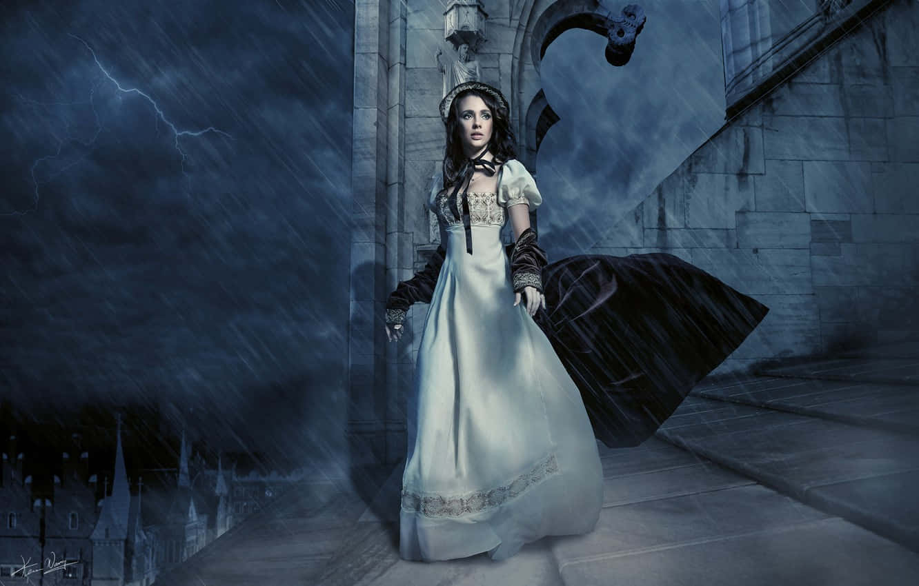 Contemplative Woman During A Stormy Night Background