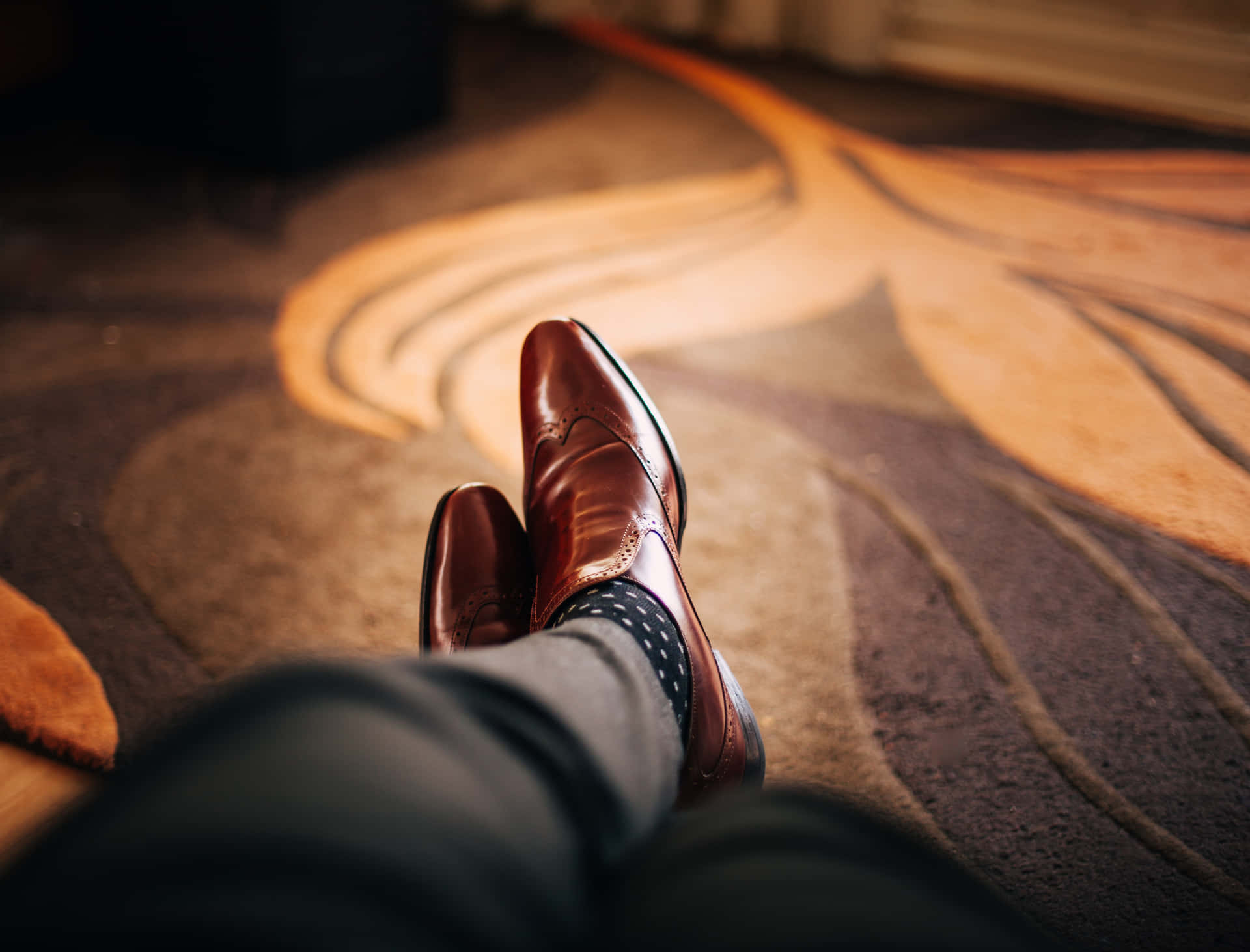 Contemporary Male Feet In Brown Leather Shoes. Background