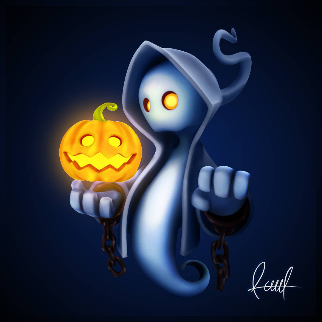 Cool 3d Ghost With Halloween Pumpkin Background