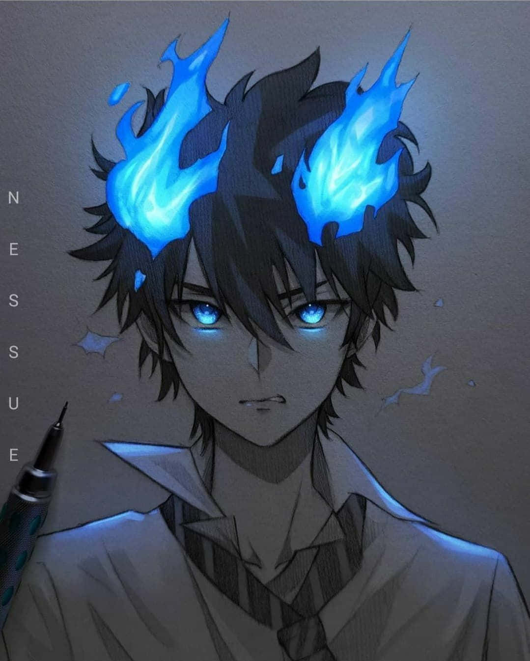 Cool Anime Boy Blue Hair And Eyes Background