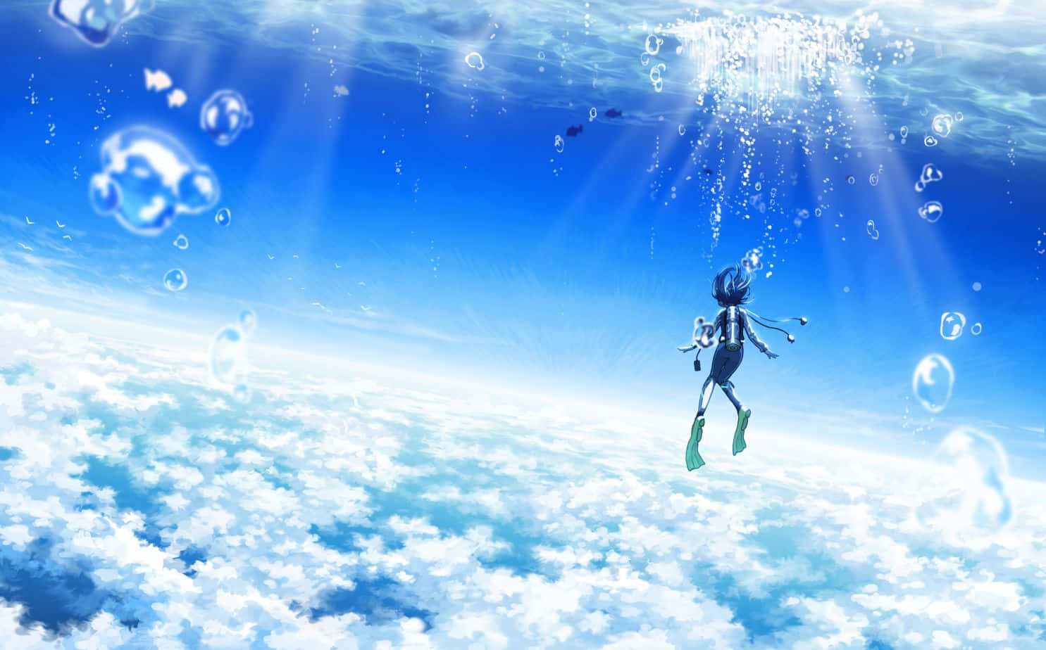 Cool Anime Boy Blue Sky Clouds Floating Inthe Air