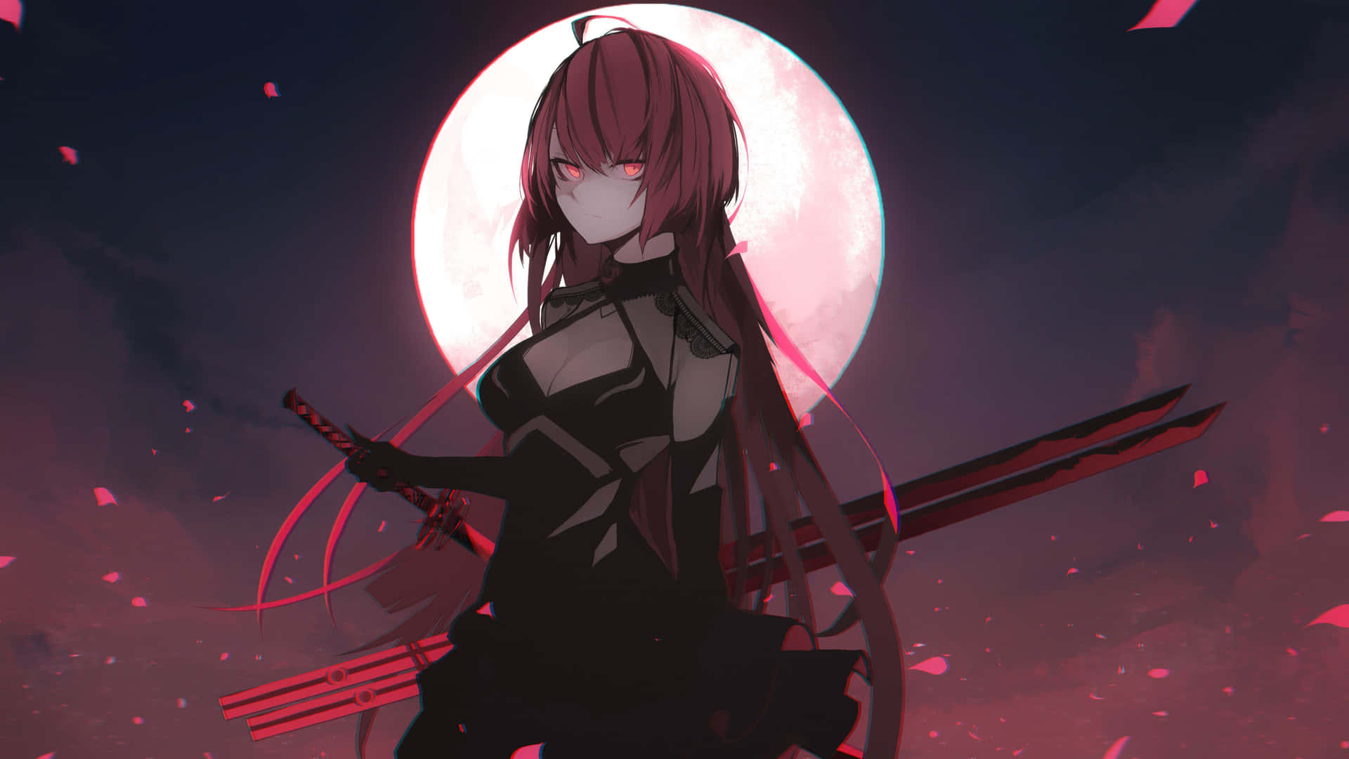Cool Anime Character Anime Girl Red Aesthetic Moon Background