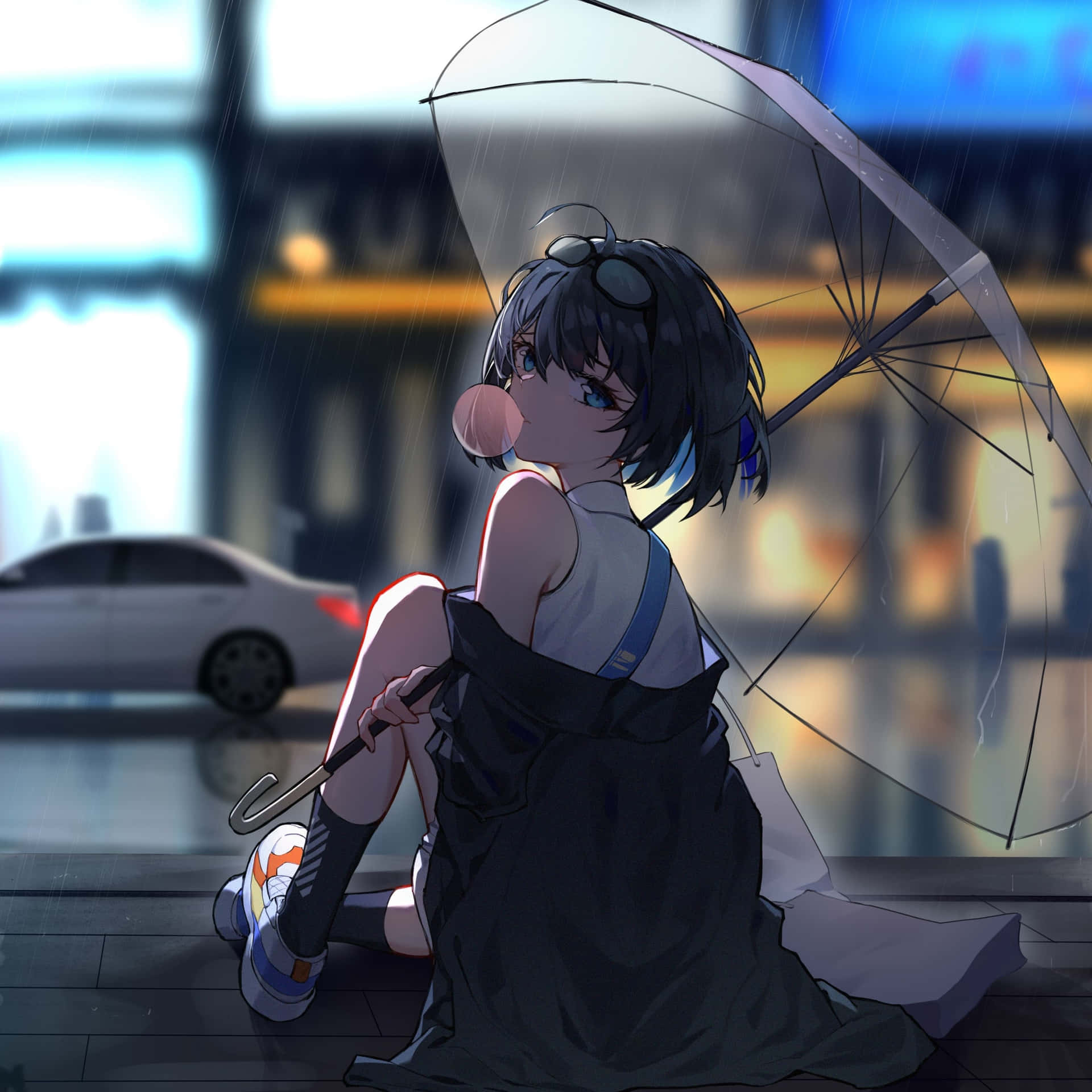 Cool Anime City Girl With Umbrella Ipad Background