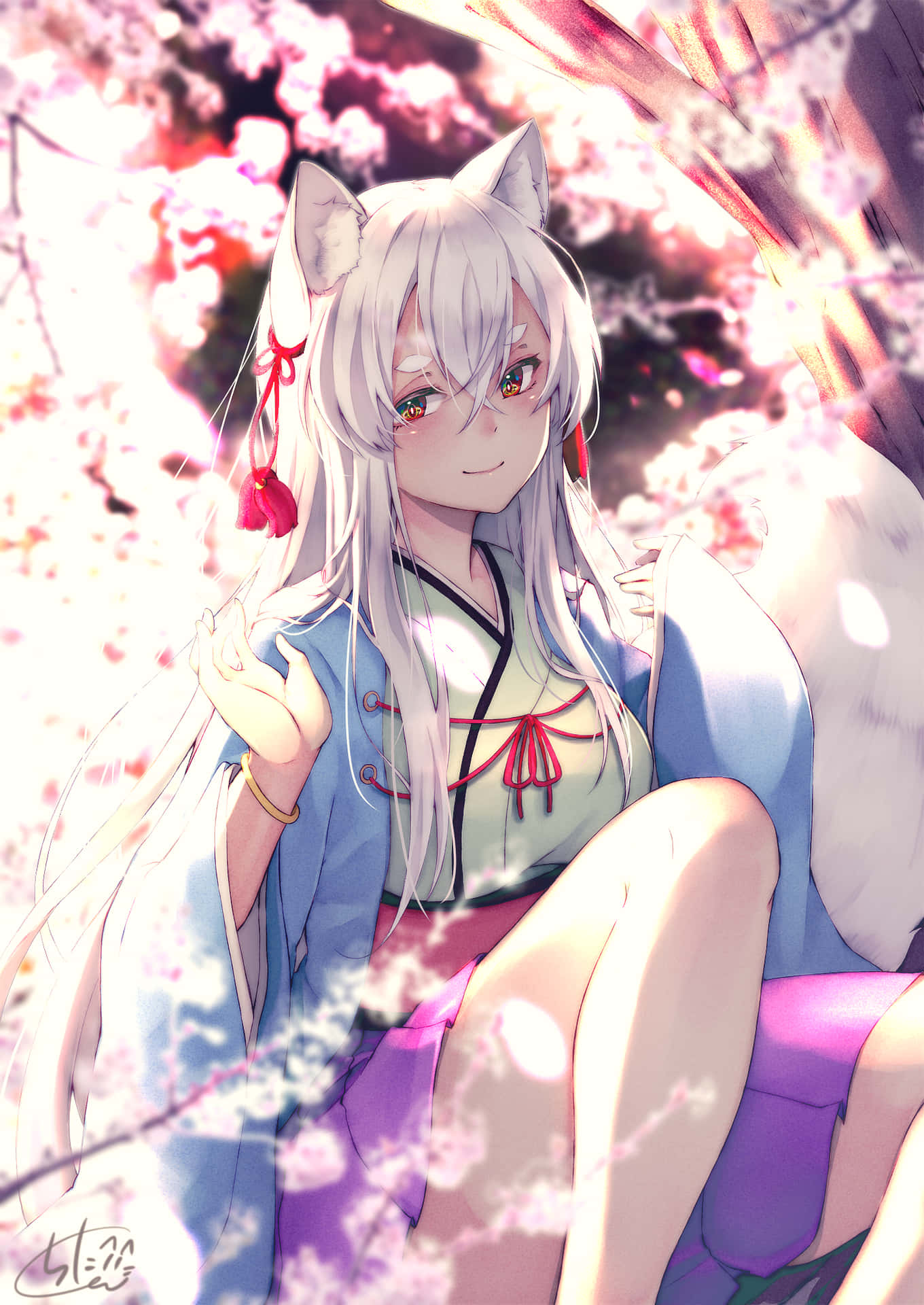 Cool Anime Fox Sitting By A Tree Background