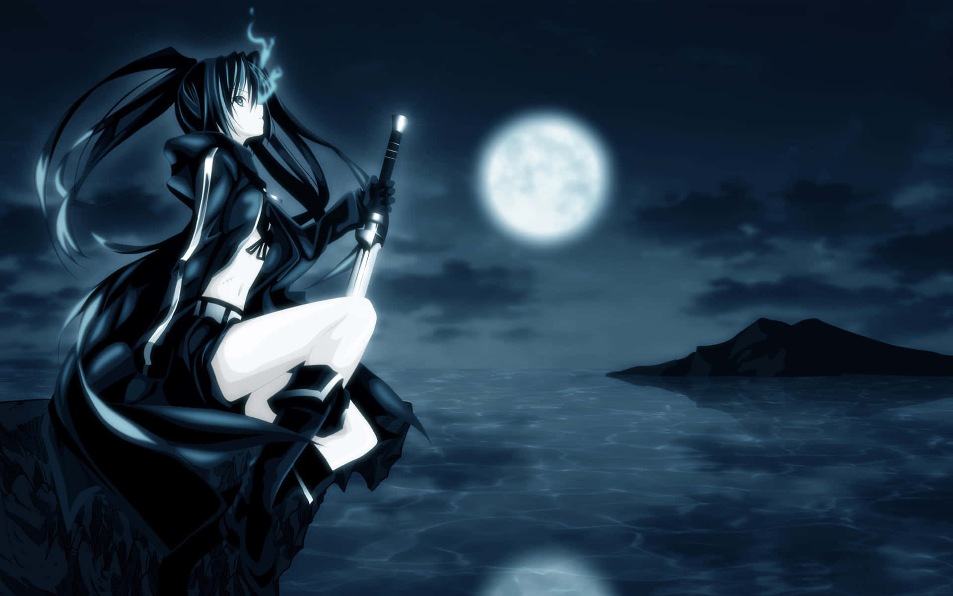 Cool Anime Girl In Black Blue Moon