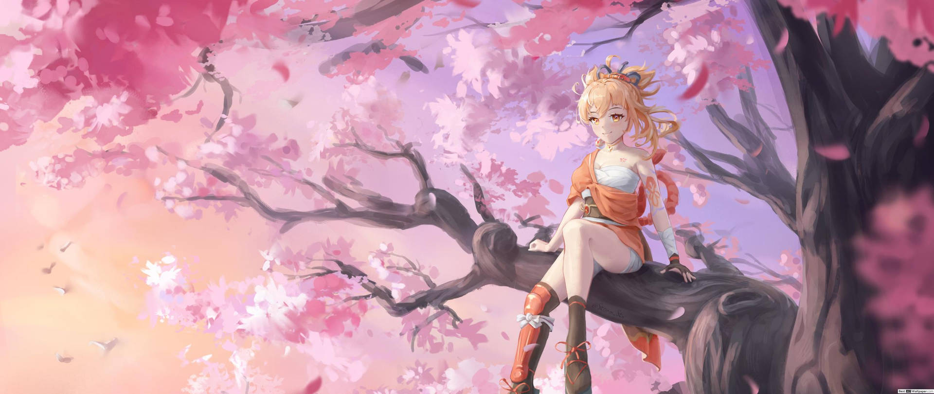 Cool Anime Girl On Cherry Blossom Background