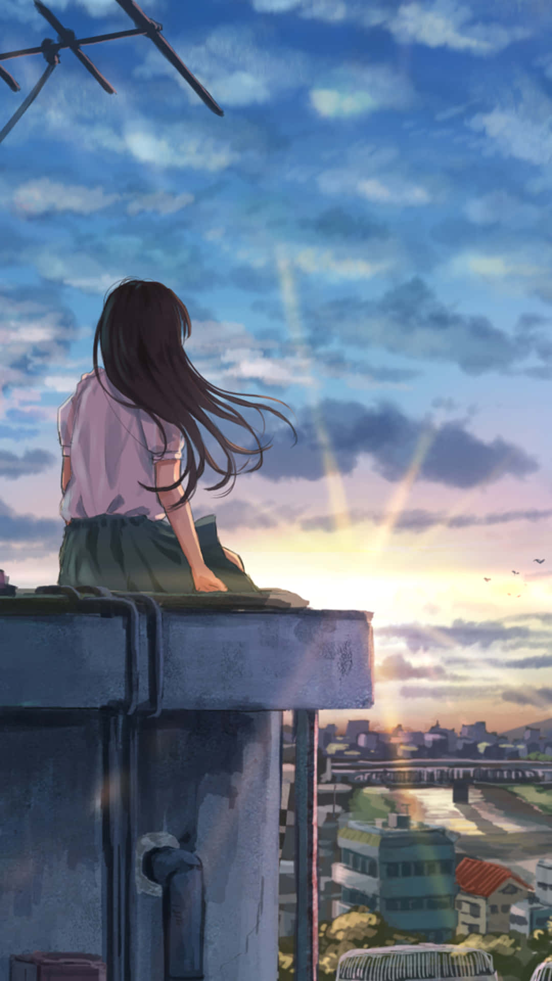 Cool Anime Girl Profile Sitting On Roof Background