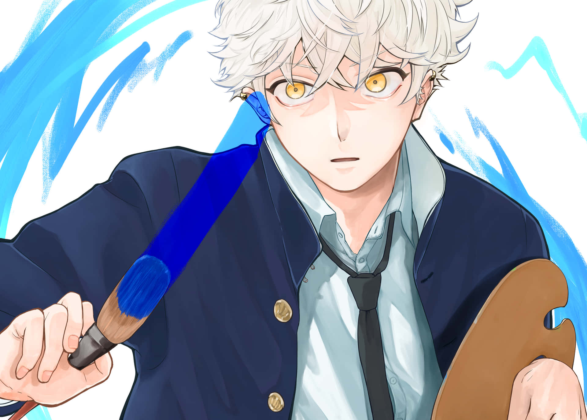 Cool Anime Man Blue Brush White Hair Background