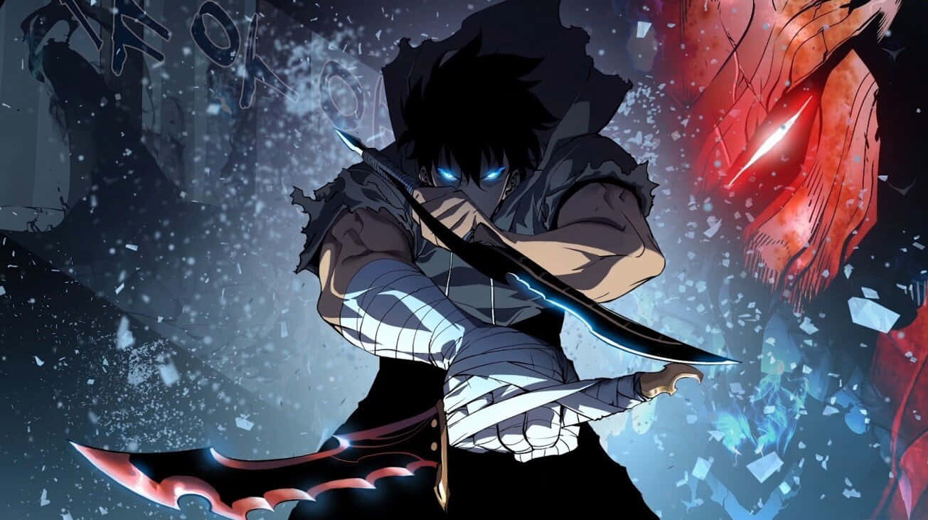 Cool Anime Man Holding A Sword Blue Background