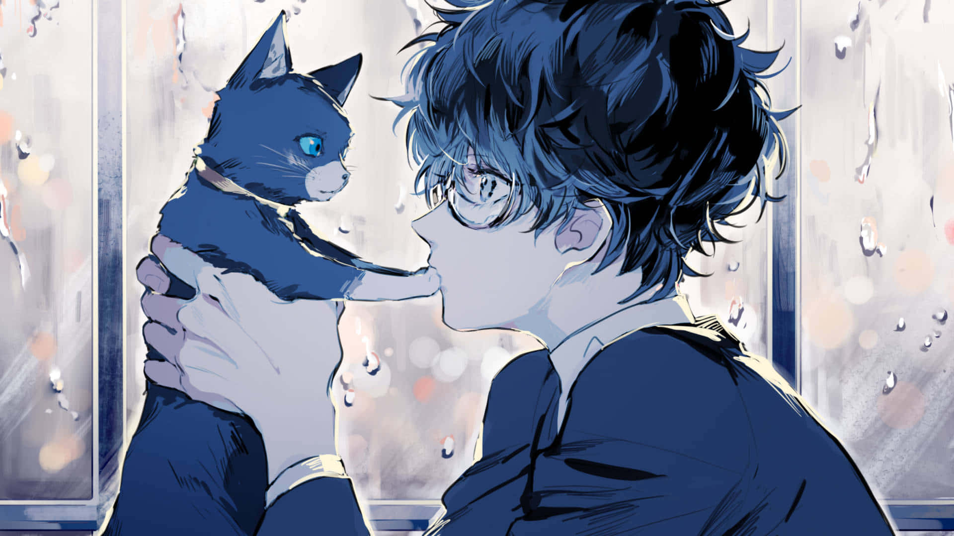 Cool Animecat And Boy Blue Color Background