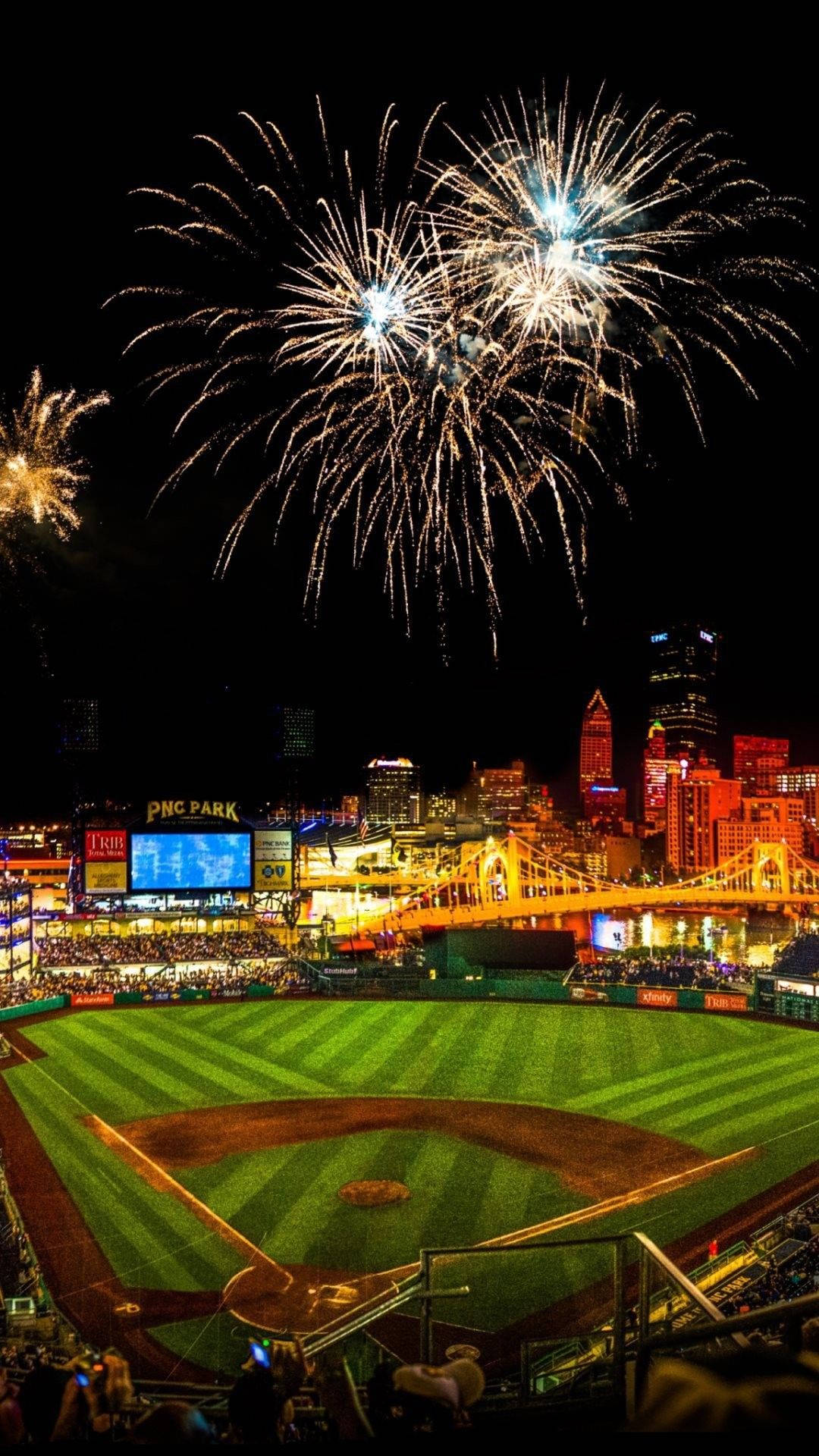 Cool Baseball Arena With Fireworks Background
