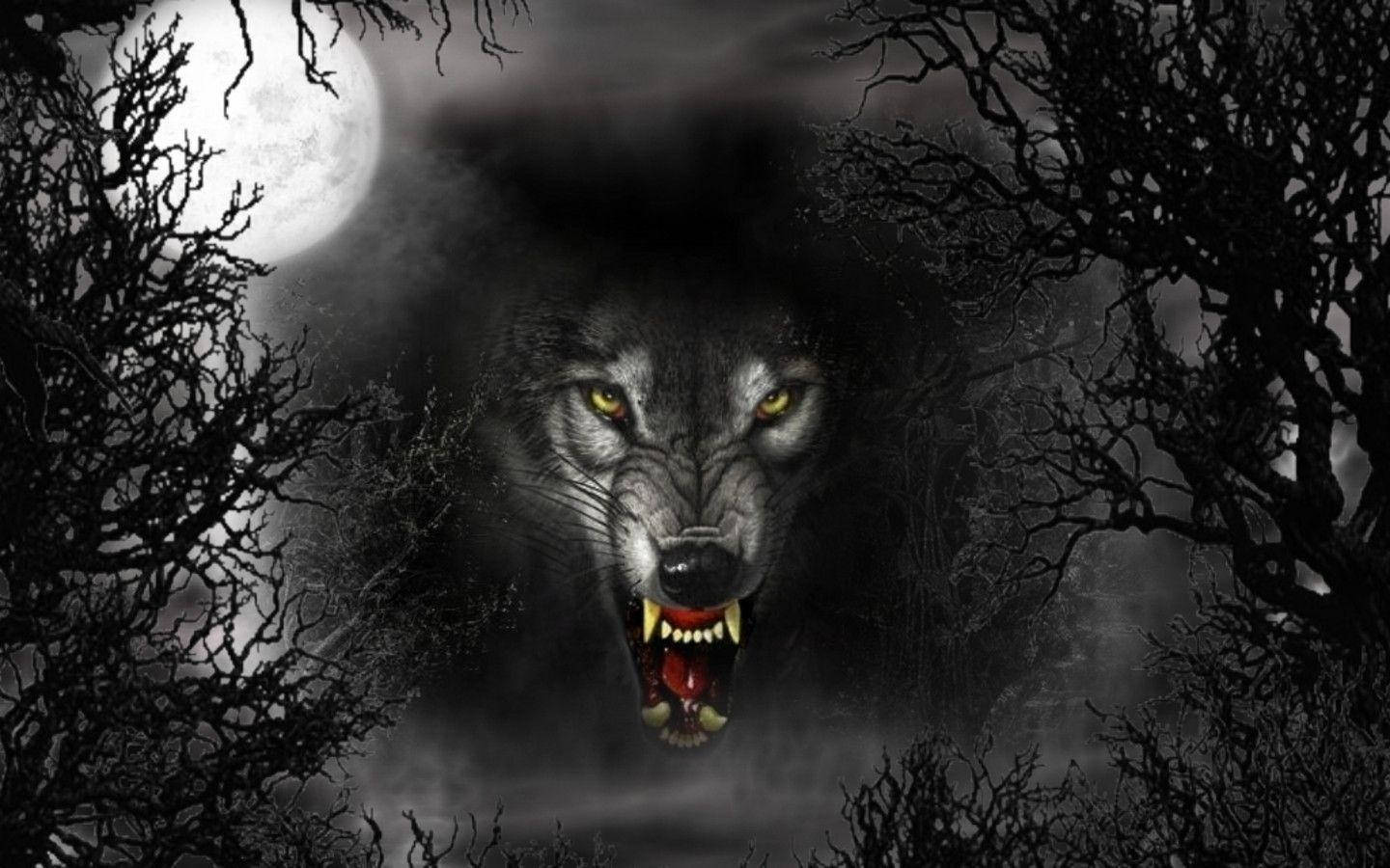 Cool Black Wolf Growling Between Trees Background
