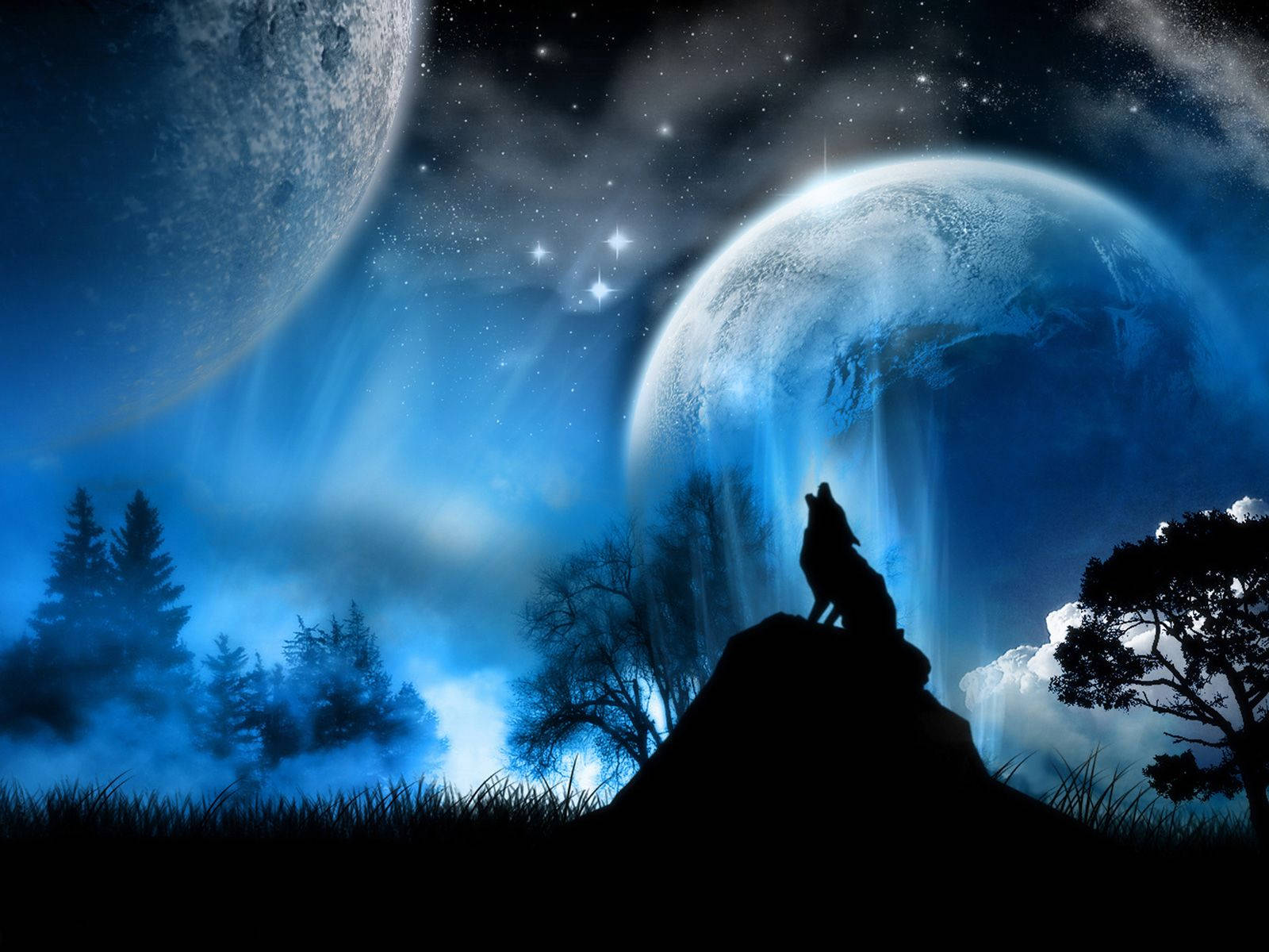 Cool Black Wolf Howling At Magical Sky Background