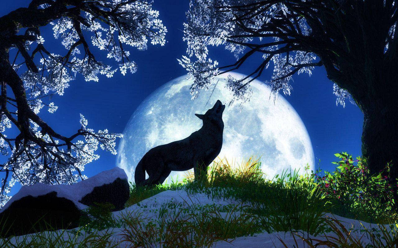 Cool Black Wolf Howling Near Flowery Trees Background