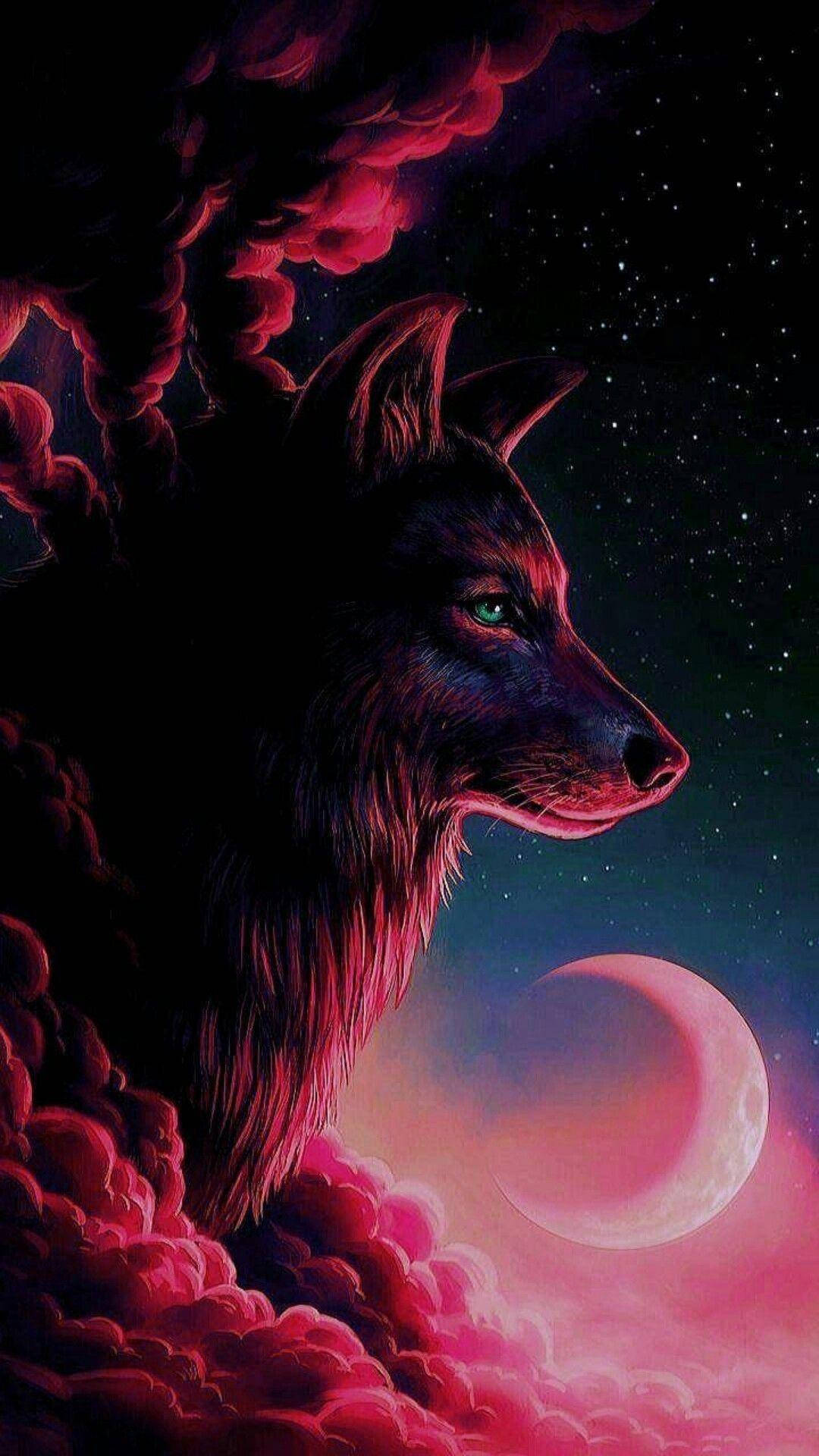 Cool Black Wolf In The Red Clouds Background