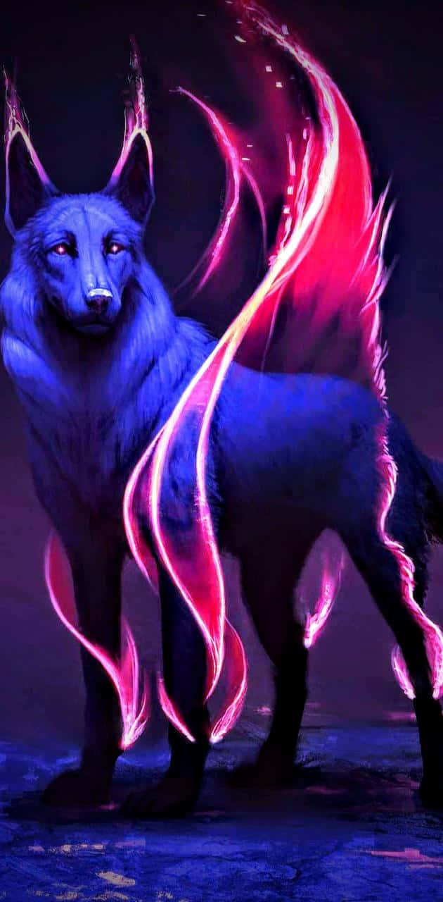 Cool Blue Wolf Neon Pink Aura Background