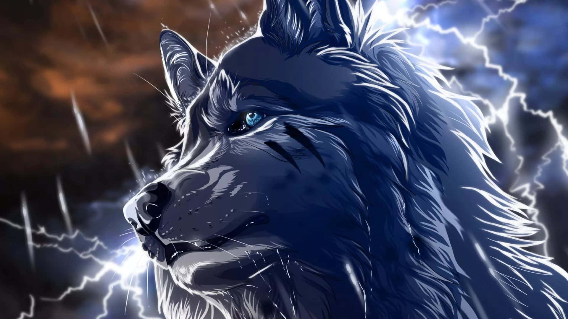 Cool Blue Wolf Rainy Lightning Background