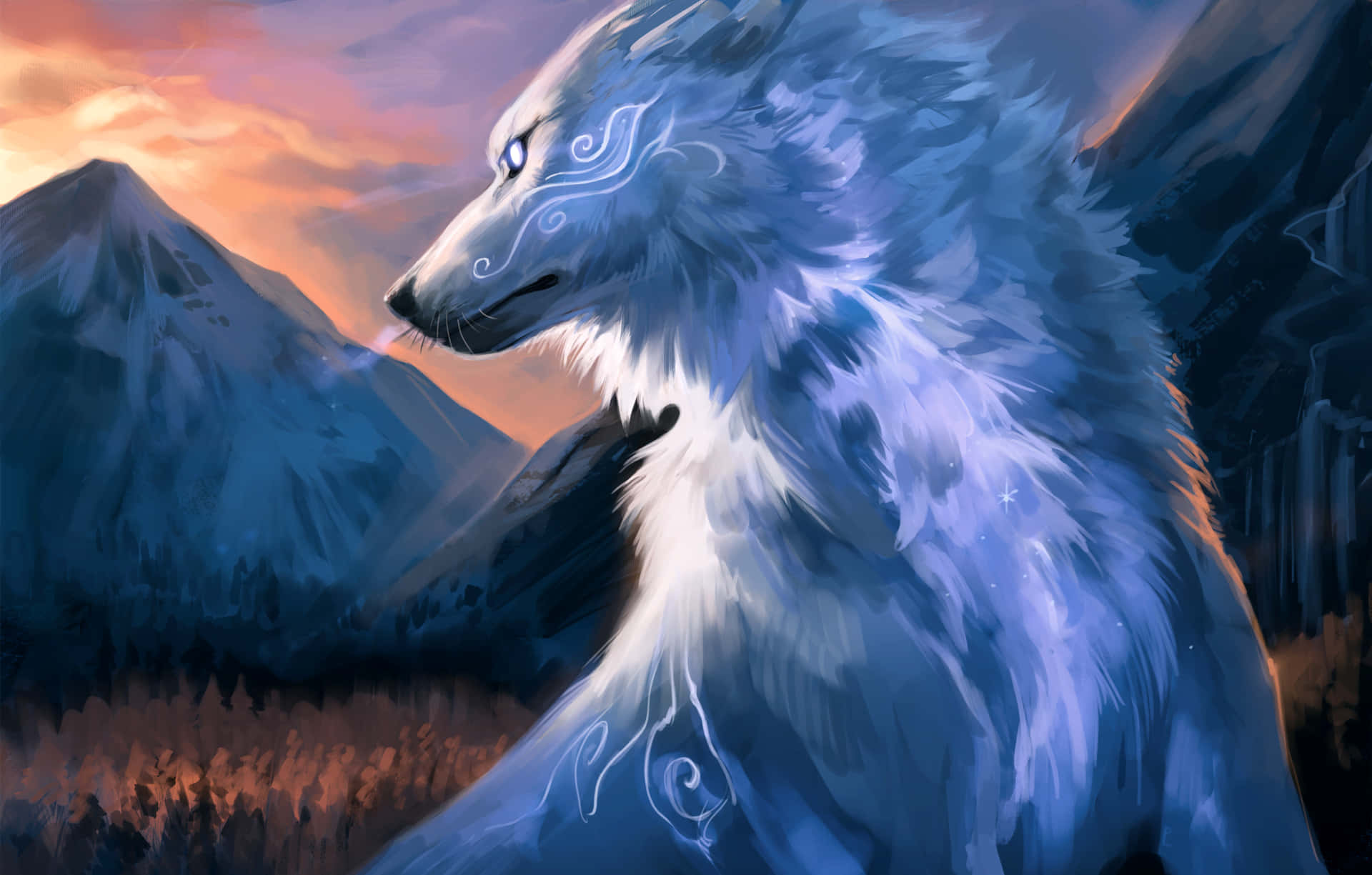 Cool Blue Wolf With Mountain Background