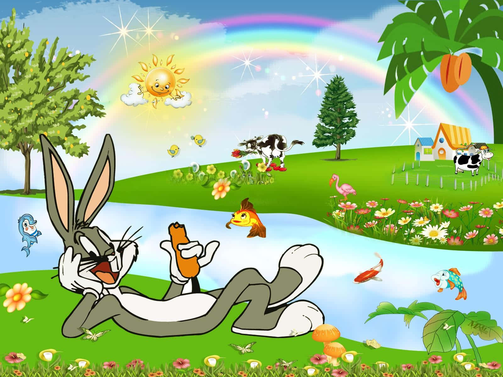 Cool Bugs Bunny Eating Carrots With Rainbow Background