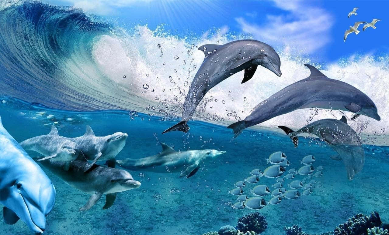 Cool Dolphins Blue Ocean Background