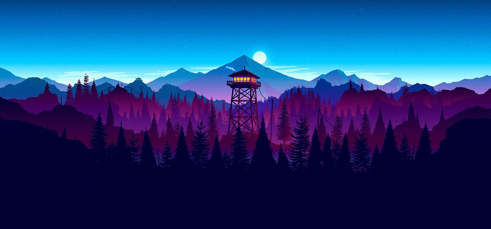 Cool Dual Monitor Firewatcher Blue And Purple Mountains Background