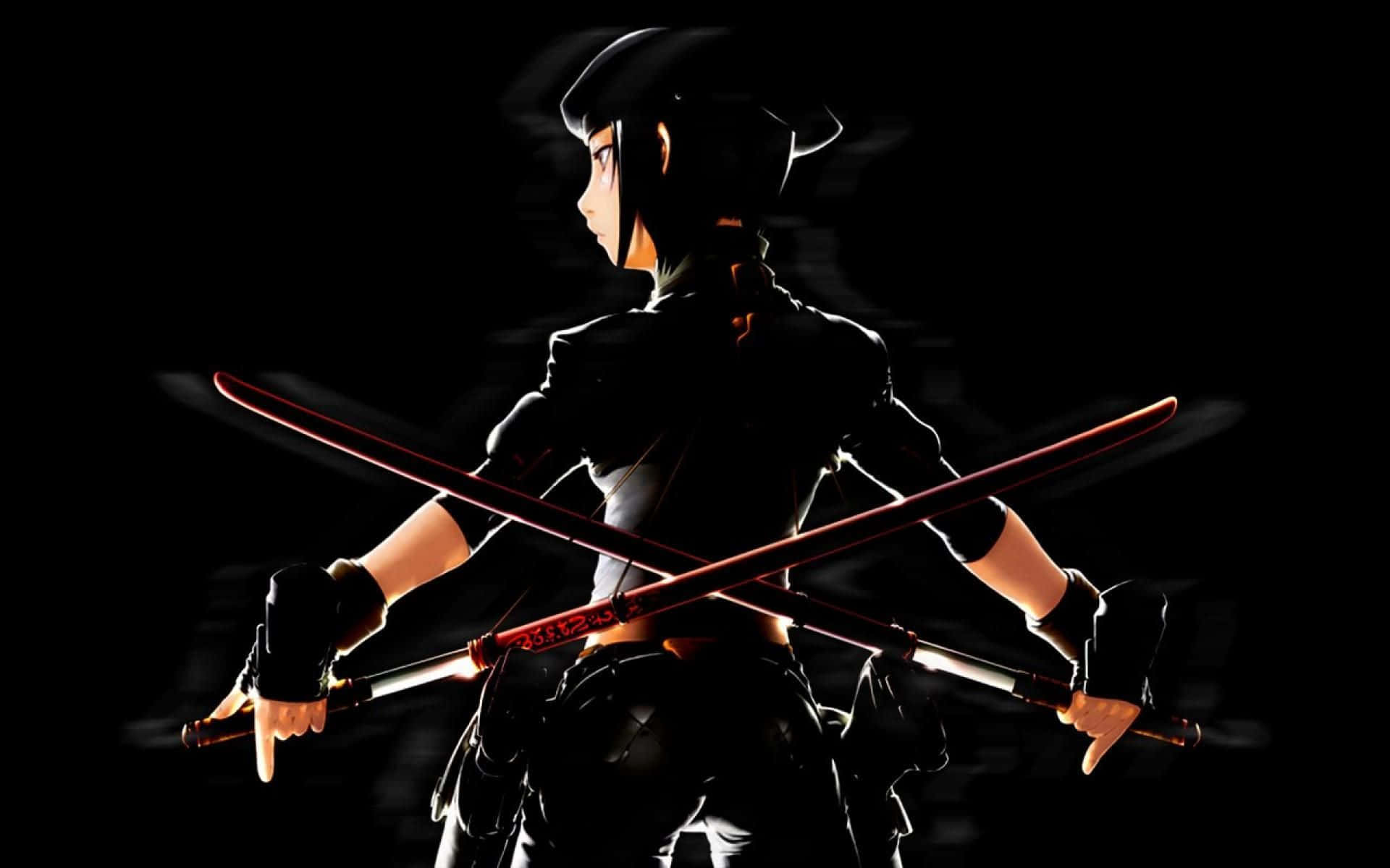 Cool Female Ninja In Black Suit With Katana Background
