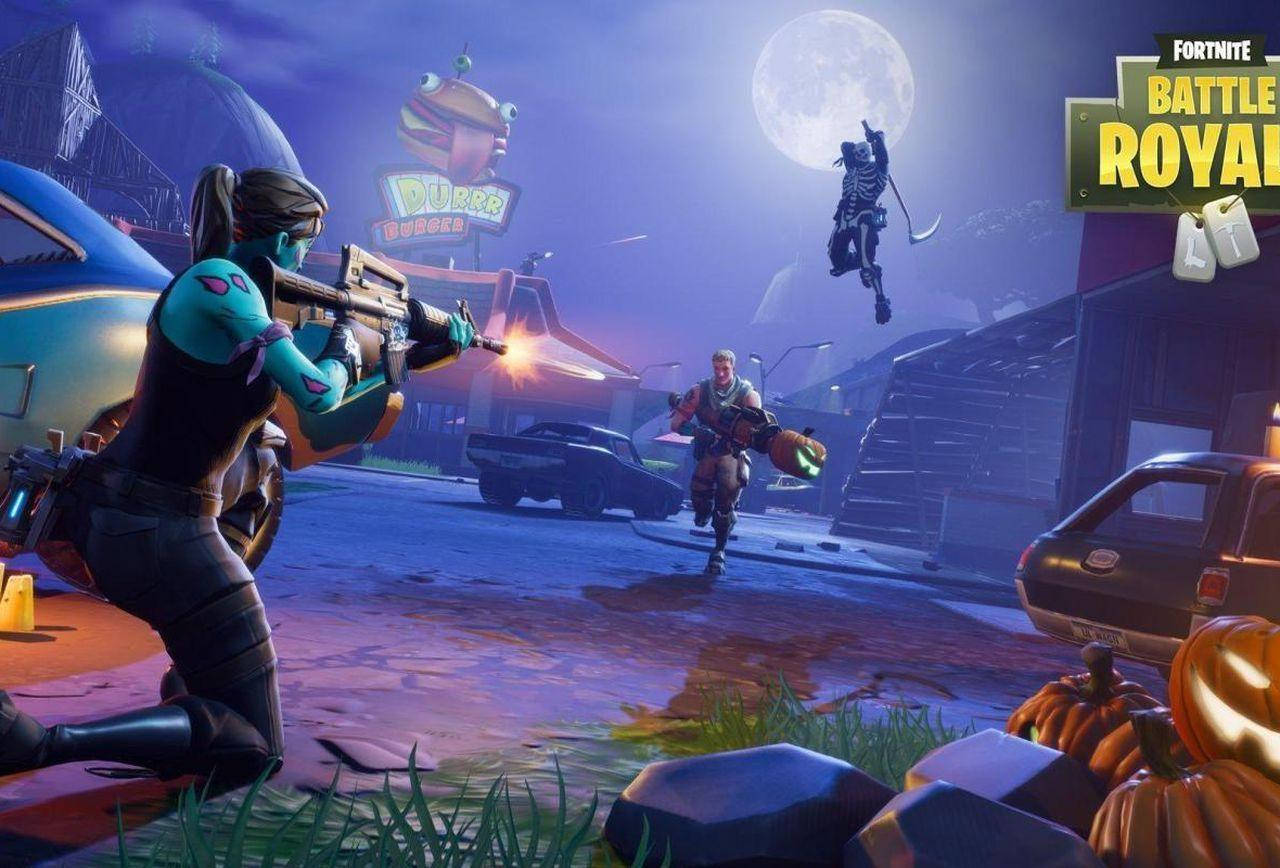 Cool Fortnite Skin Players Fighting Outside Diner Background
