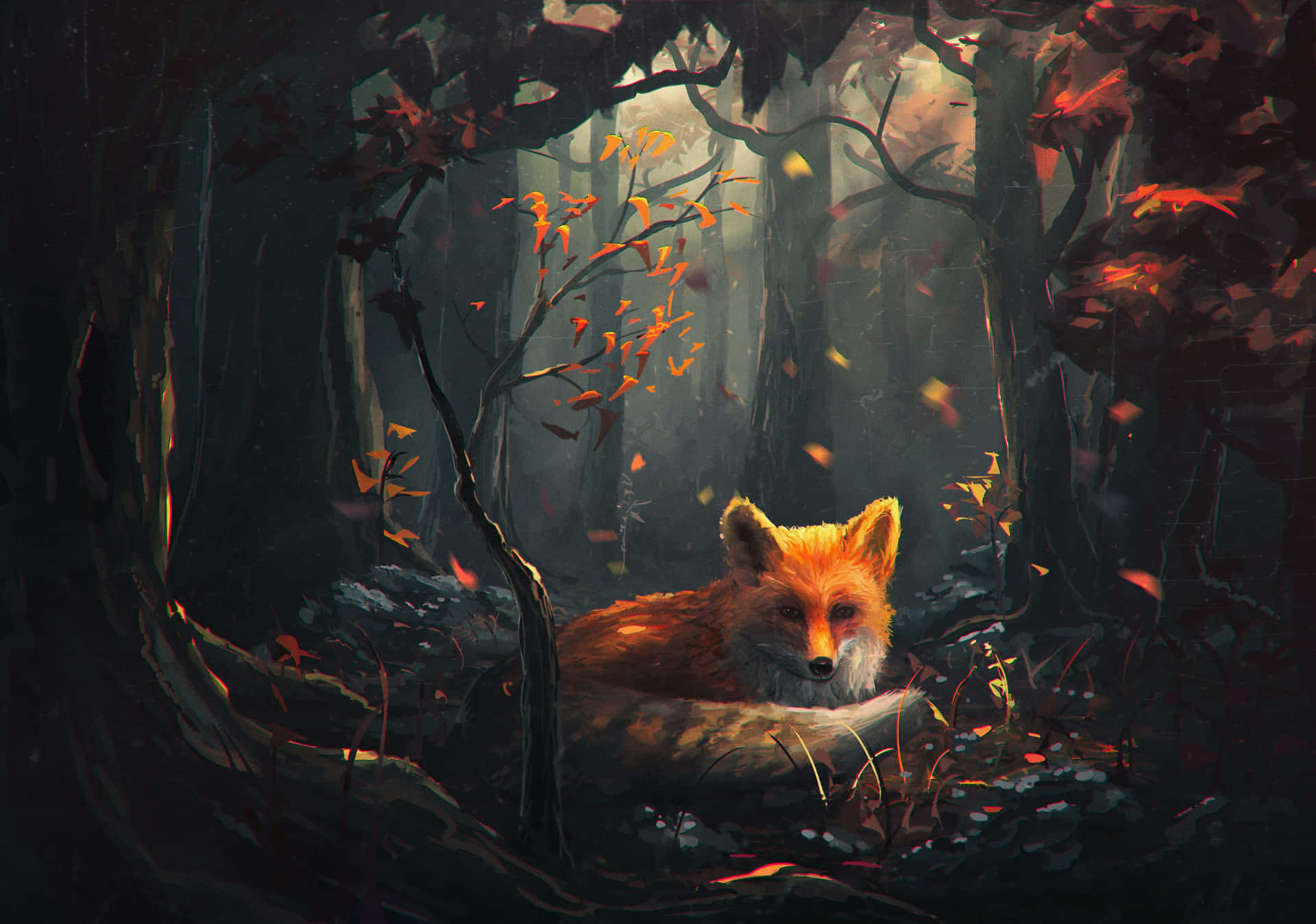 Cool Fox Autumn Painting Forest Background