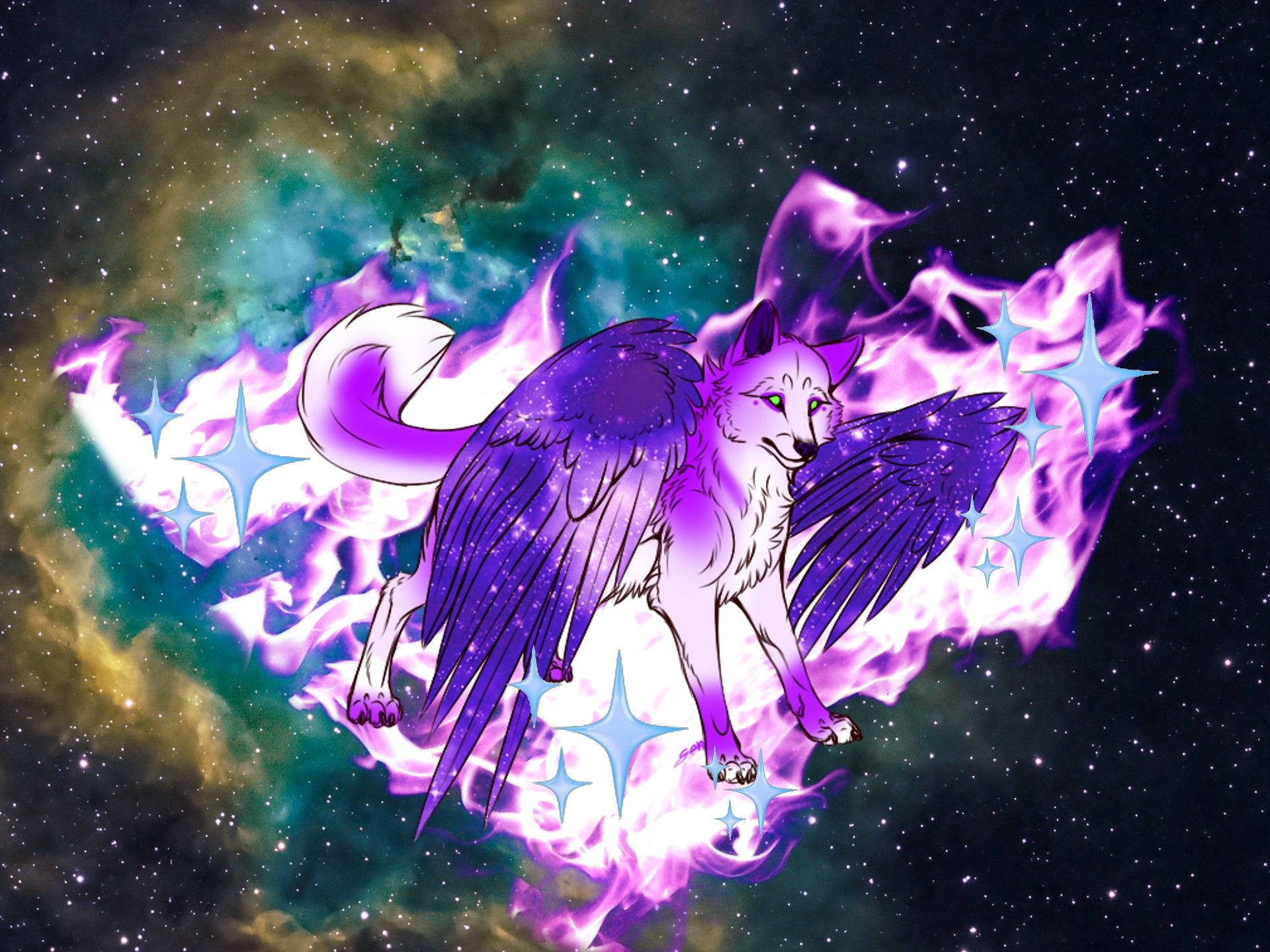 Cool Galaxy Fantasy Winged Purple Wolf Background