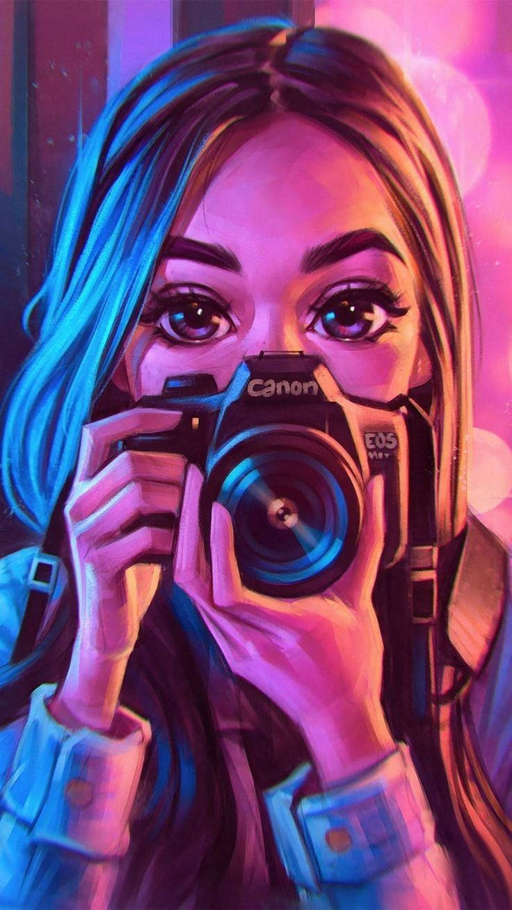 Cool Girl Cartoon Holding A Camera Background