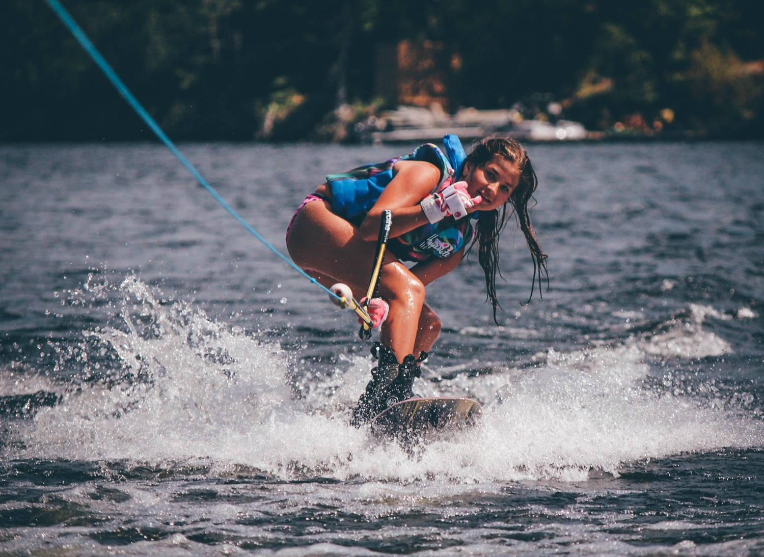 Cool Girl Ducked Wakeboarding Stance